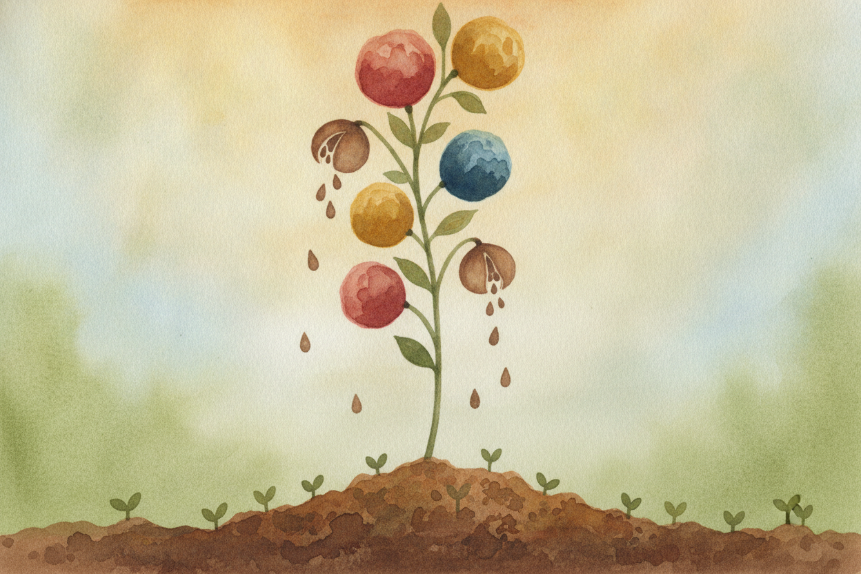 At last the plant is big and strong, and it does **the most generous thing of all**: it makes flowers, then fruit, then 