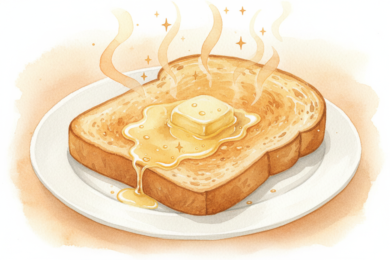 ++마이야르 반응++ 때문에 토스트는 빵과 다른 맛이 납니다. 전에는 없던 고소하고, 구수하고, *살짝 달콤한 맛*을 만들어 내거든요. 같은 반응이 센 불에 익히는 스테이크를 갈색으로 만들고, **쿠키 가장자리를 바