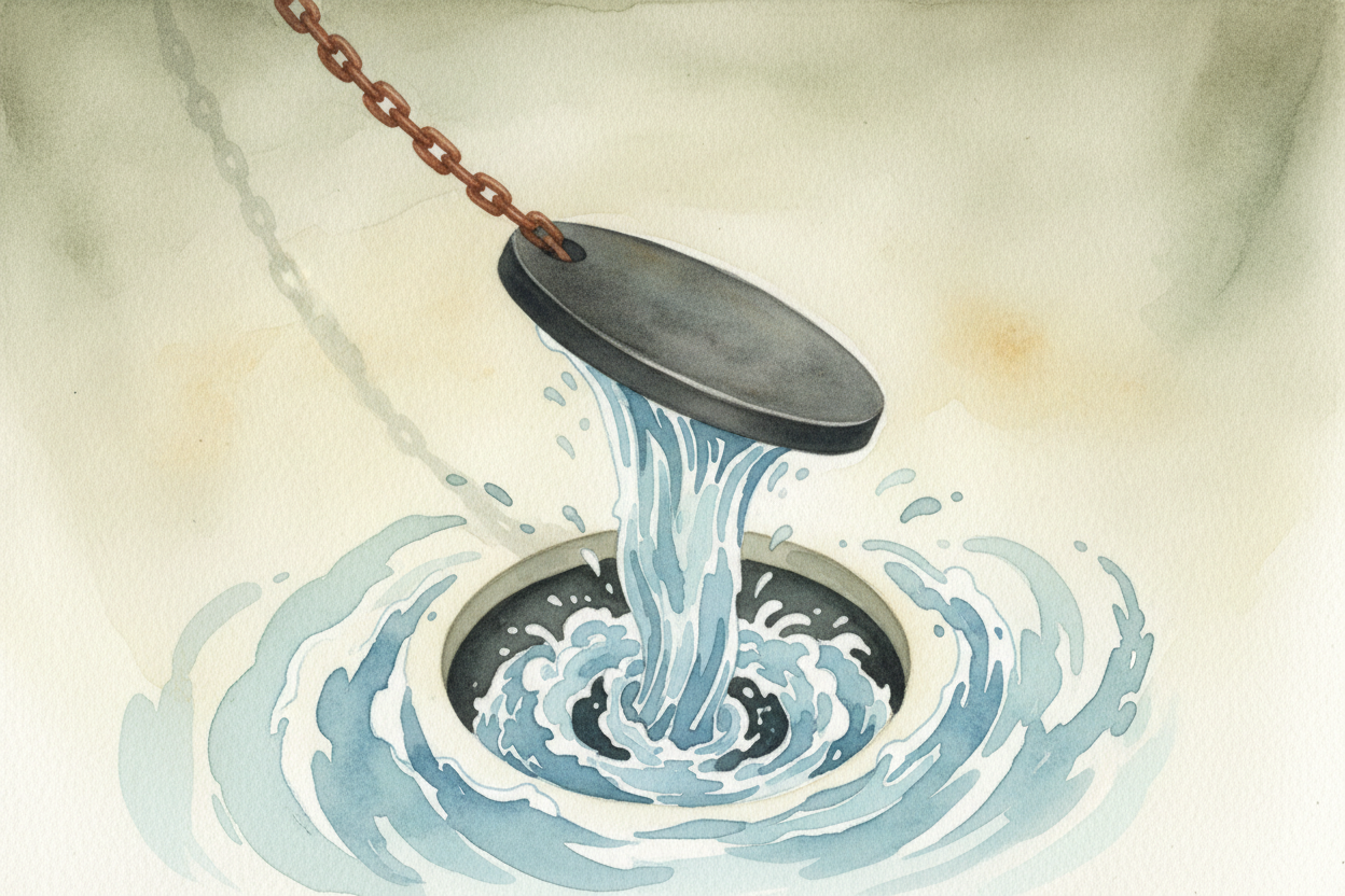 When you push the handle, you're yanking a chain. That chain lifts a rubber flapper at the bottom of the tank — basicall