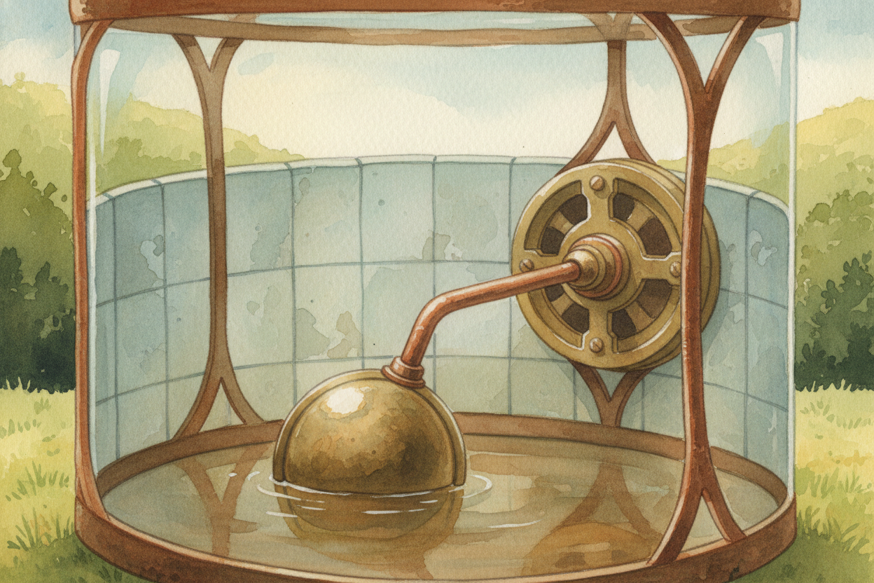 Now the tank is empty. The float, which was floating high, drops down with the water level like an elevator going to the
