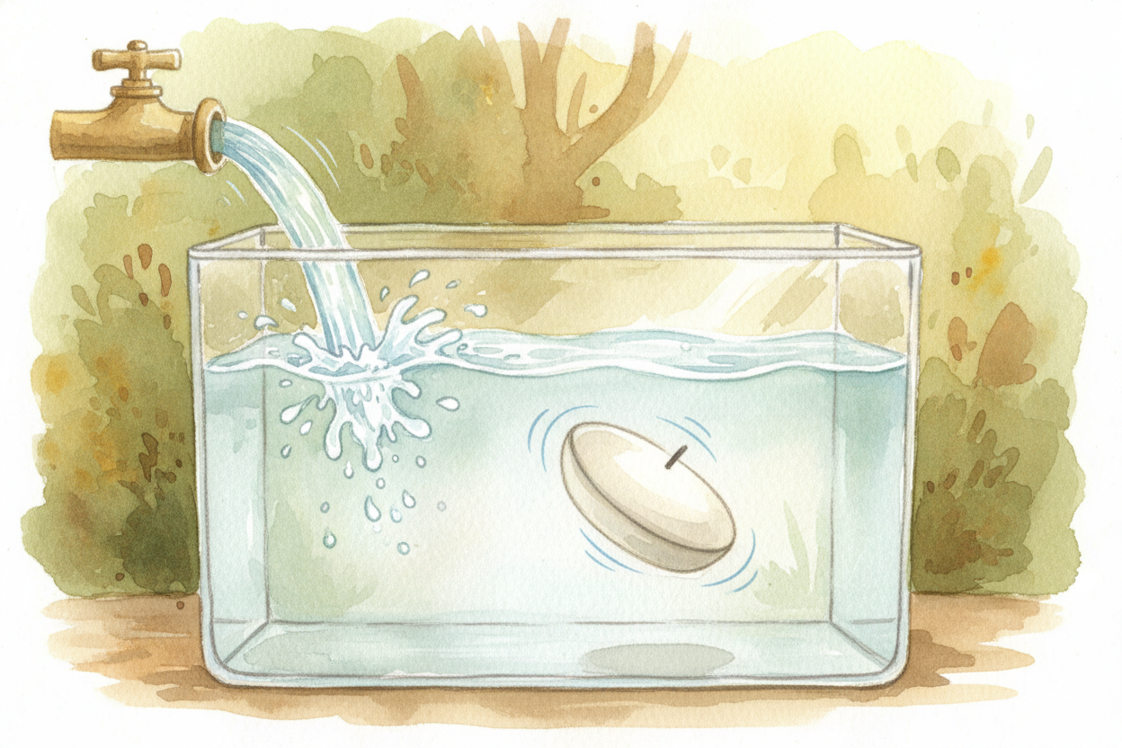 When the float is down, it opens the fill valve. Fresh water starts pouring in. ~~Think of it like a seesaw:~~ **float d