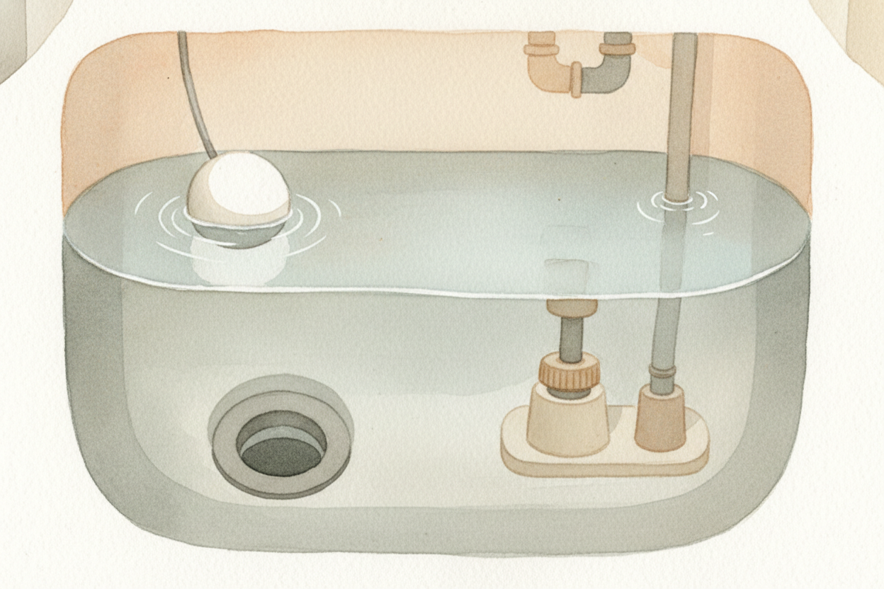 Meanwhile, the flapper has fallen back down over the drain hole, **sealing it tight**. The tank is full again, the float