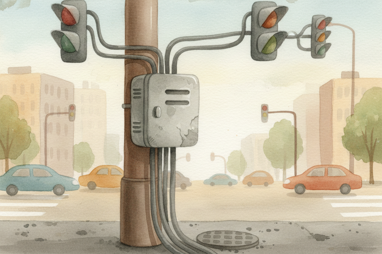 That signal ~~zips through a cable~~ to a metal box by the roadside — the ++traffic controller++. Think of it as **the l