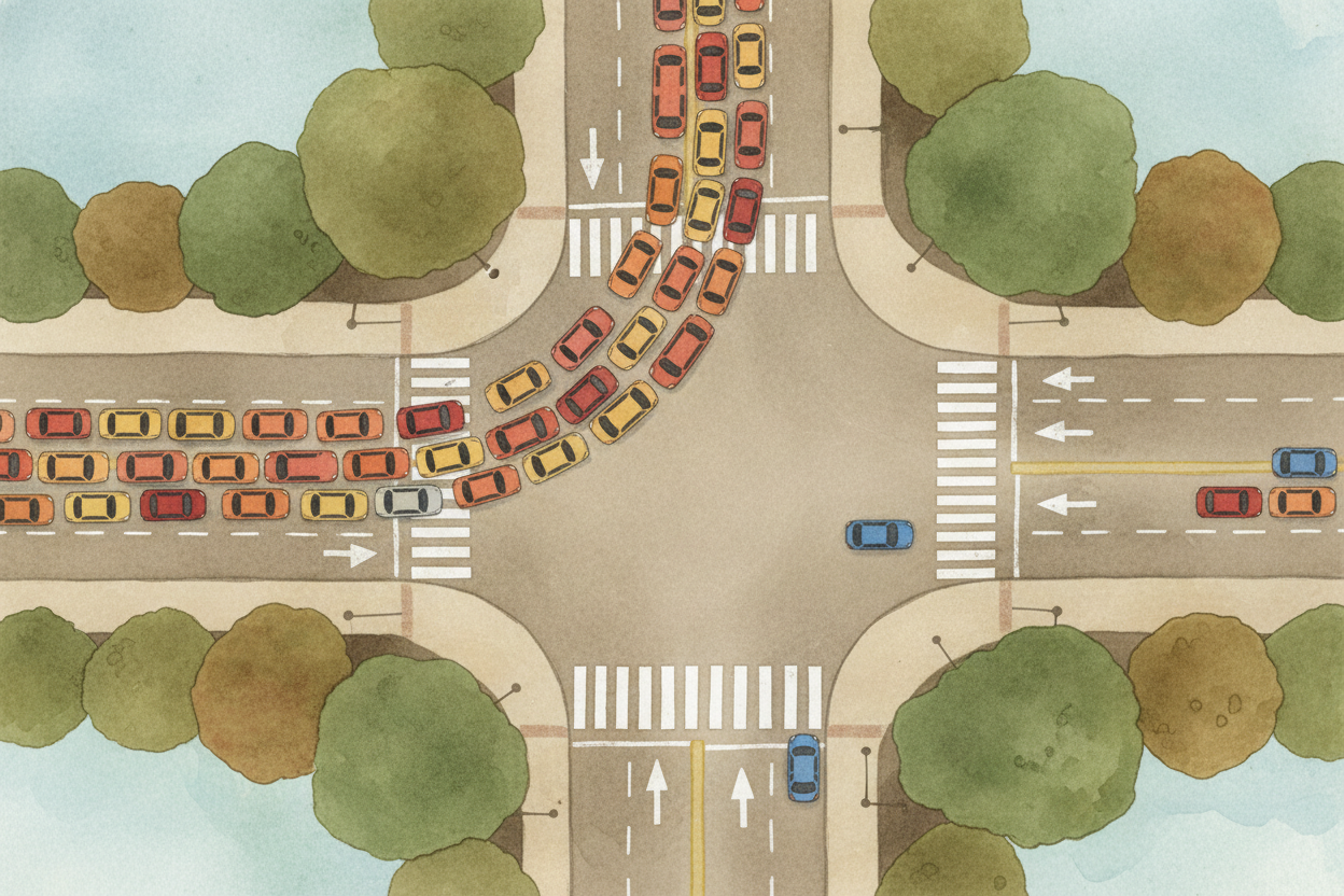Meanwhile, the cross street might have **ten cars waiting**. The controller *has to be fair* — it gives each direction e