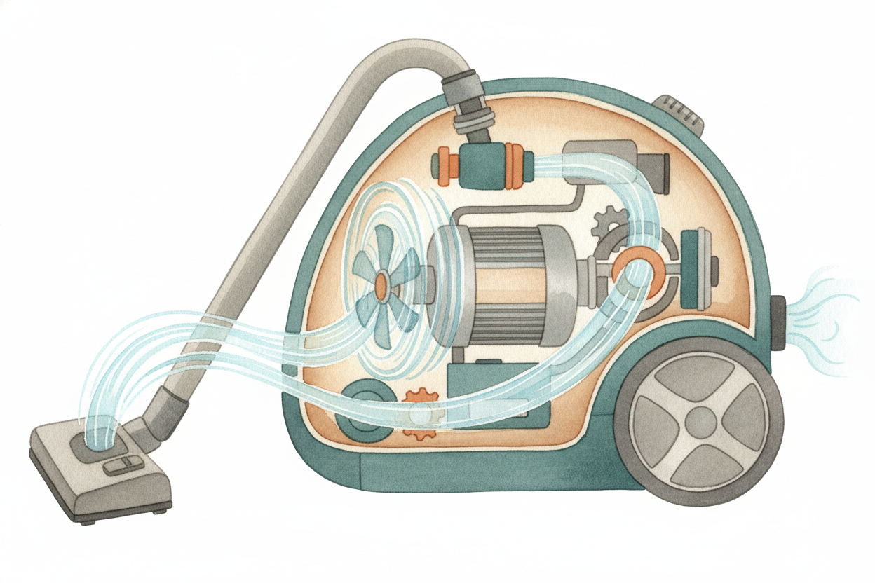 Inside the vacuum, a motor spins a fan incredibly fast — **hundreds of times per second**. That spinning fan is the secr