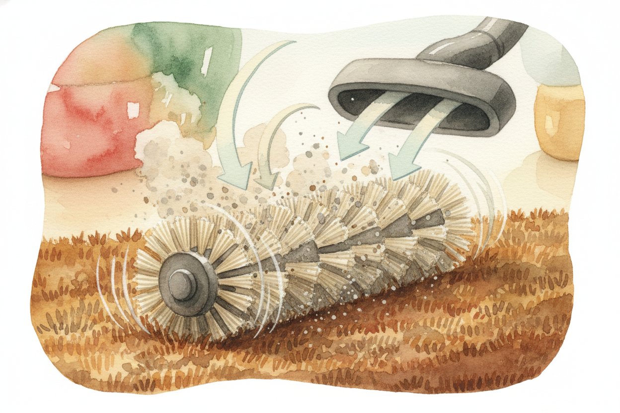 Some vacuums add a spinning brush at the nozzle — a ++beater bar++ covered in bristles. It **whacks the carpet** while t