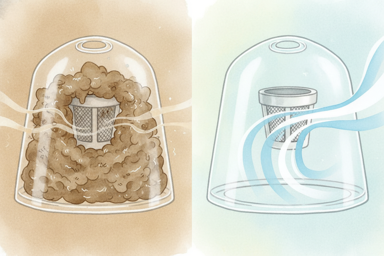 The dirtier the bag or cup gets, the harder it is for air to squeeze through. The suction weakens. ~~The vacuum starts t