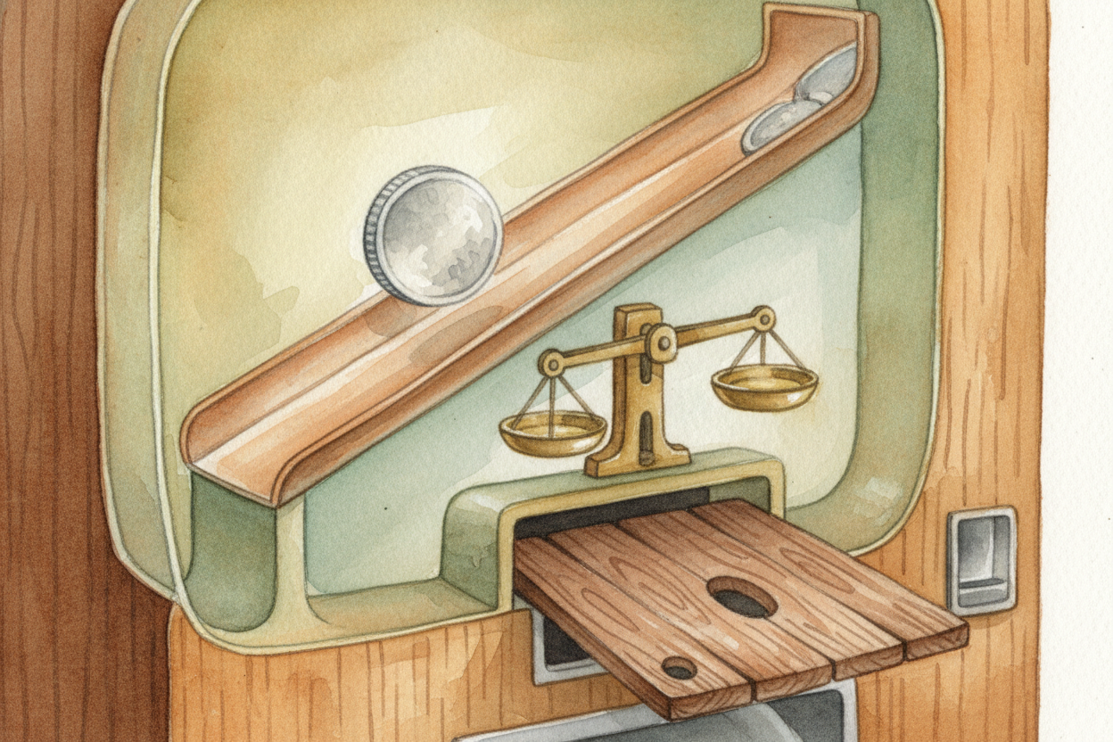 Inside, your coin drops onto a ramp — and immediately, ~~the machine starts its detective work~~. First test: *weight*. 