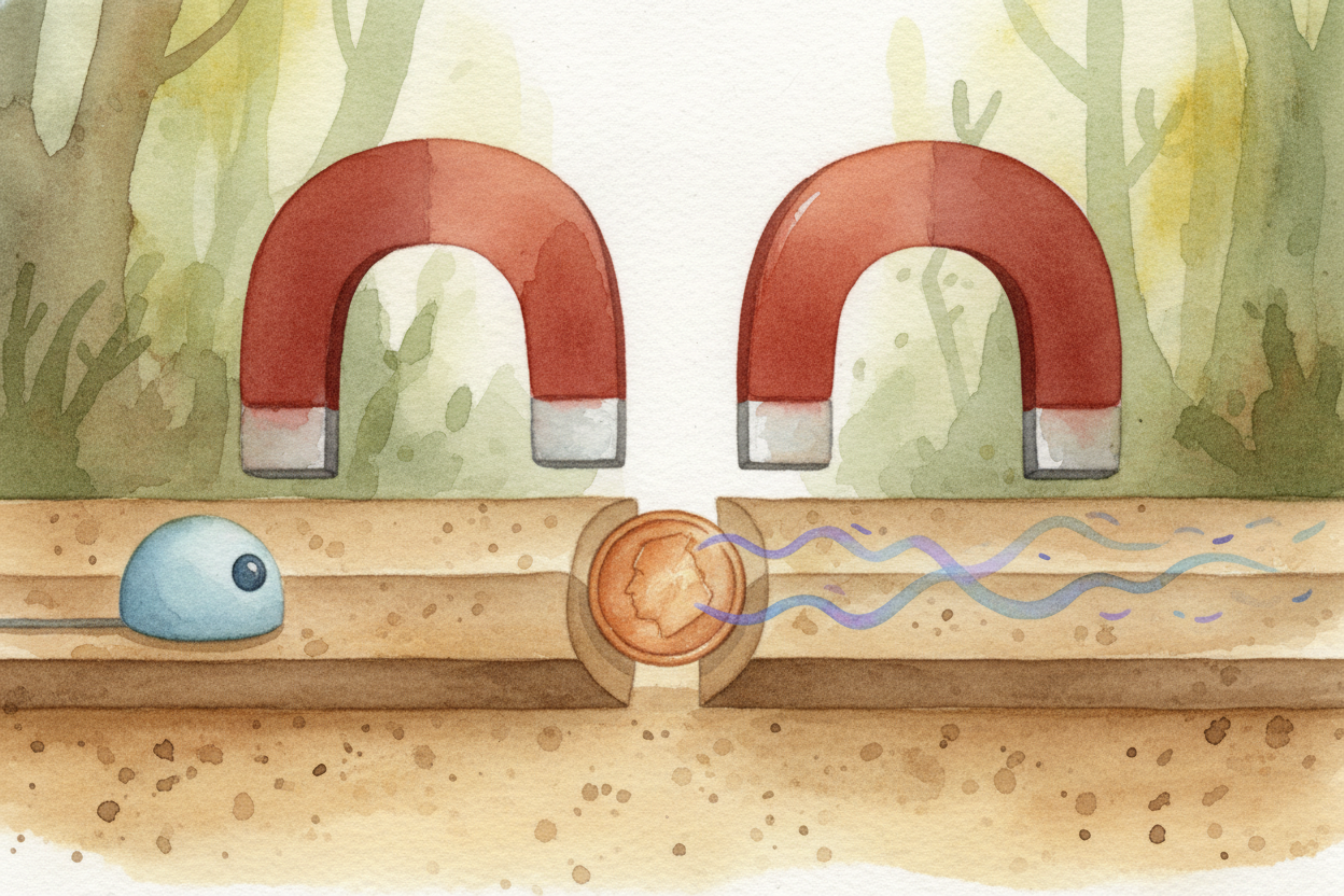 ~~Now comes the cleverest trick.~~ The coin rolls between two magnets, and the magnets make the metal *drag* — **like ru