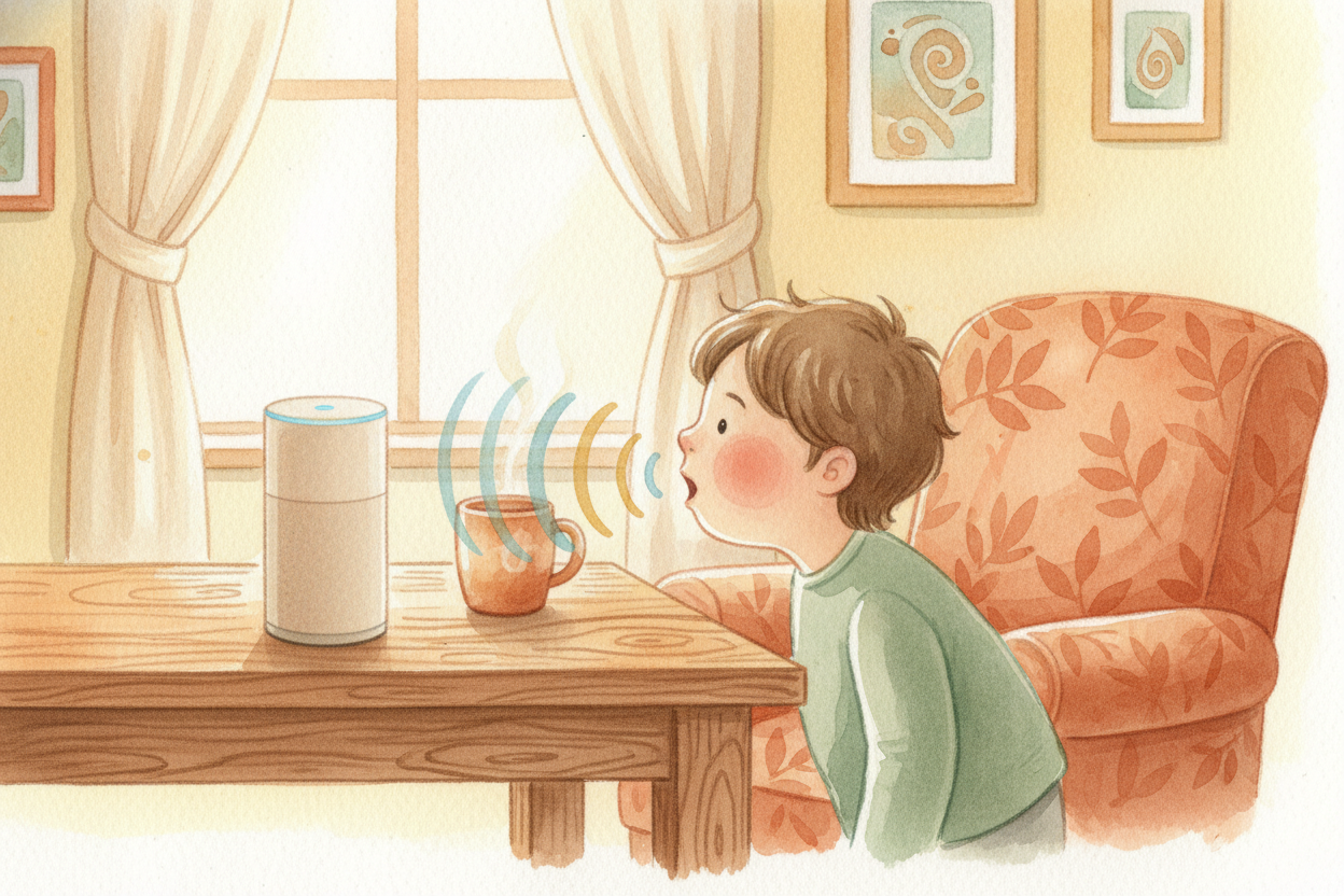 You say "++Hey, what's the weather?++" and a little speaker on your desk answers back. No buttons, no typing — _just you