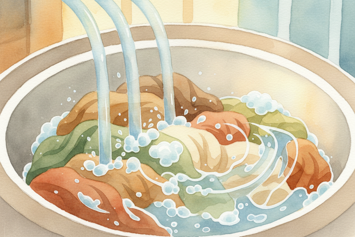 First, water floods in — but not to drown the dirt. *Water is the delivery truck.* It carries soap molecules to every fi