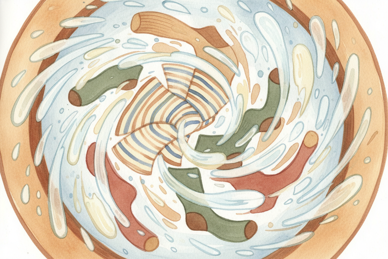 The drum spins faster. Your clothes slam against the walls, twist around each other, whip through the water like they're