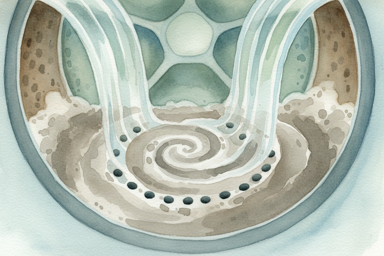 Then the water drains. The **dirty soap-and-dirt soup** spirals down the drain holes in the drum, out of the machine, go