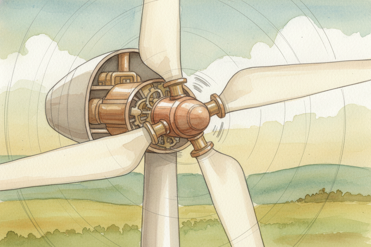 Those three blades are connected to a shaft — a thick metal rod that spins whenever the blades spin. **Picture a giant m