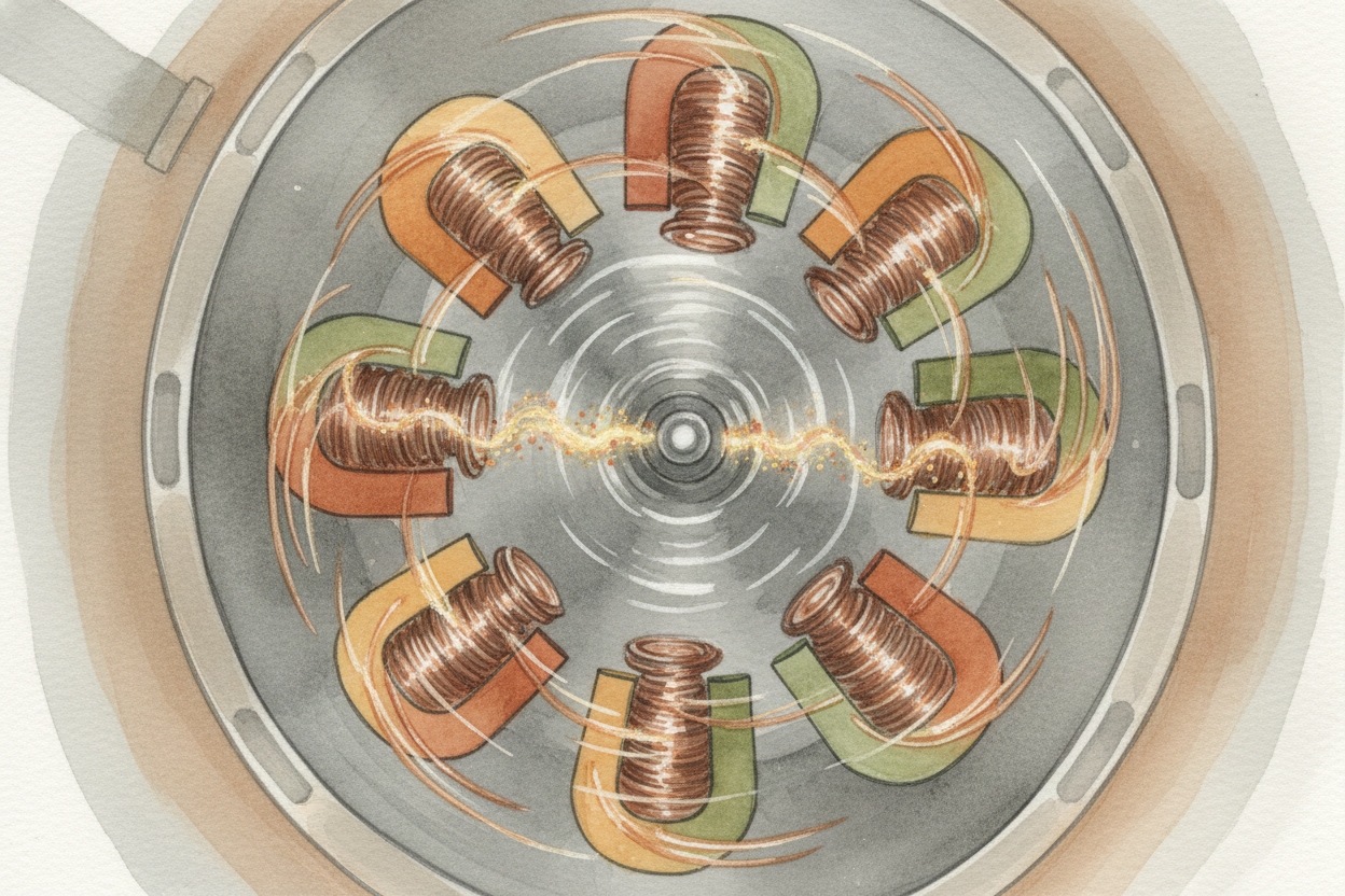 The gearbox speeds up the spin by **about a hundred times**, and this fast-spinning motion flows into the generator — th