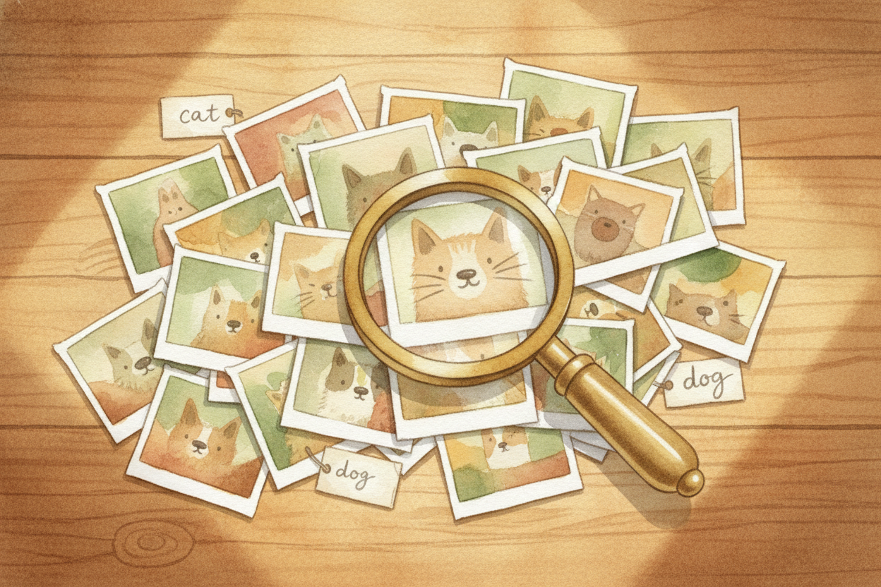 ~~Here's the trick:~~ you give the computer **a million labeled photos**. "Cat." "Dog." "Cat." "Dog." The computer doesn