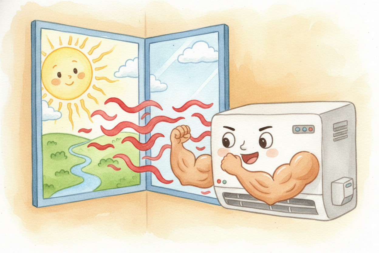 ~~Here's the secret:~~ your air conditioner **doesn't make cold**. **It steals heat**. It's a heat thief, grabbing warmt