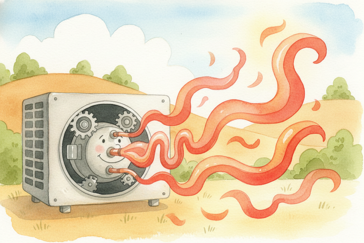 Out there, a compressor squeezes the refrigerant hard, **like squishing a sponge**. All that soaked-up heat gets release