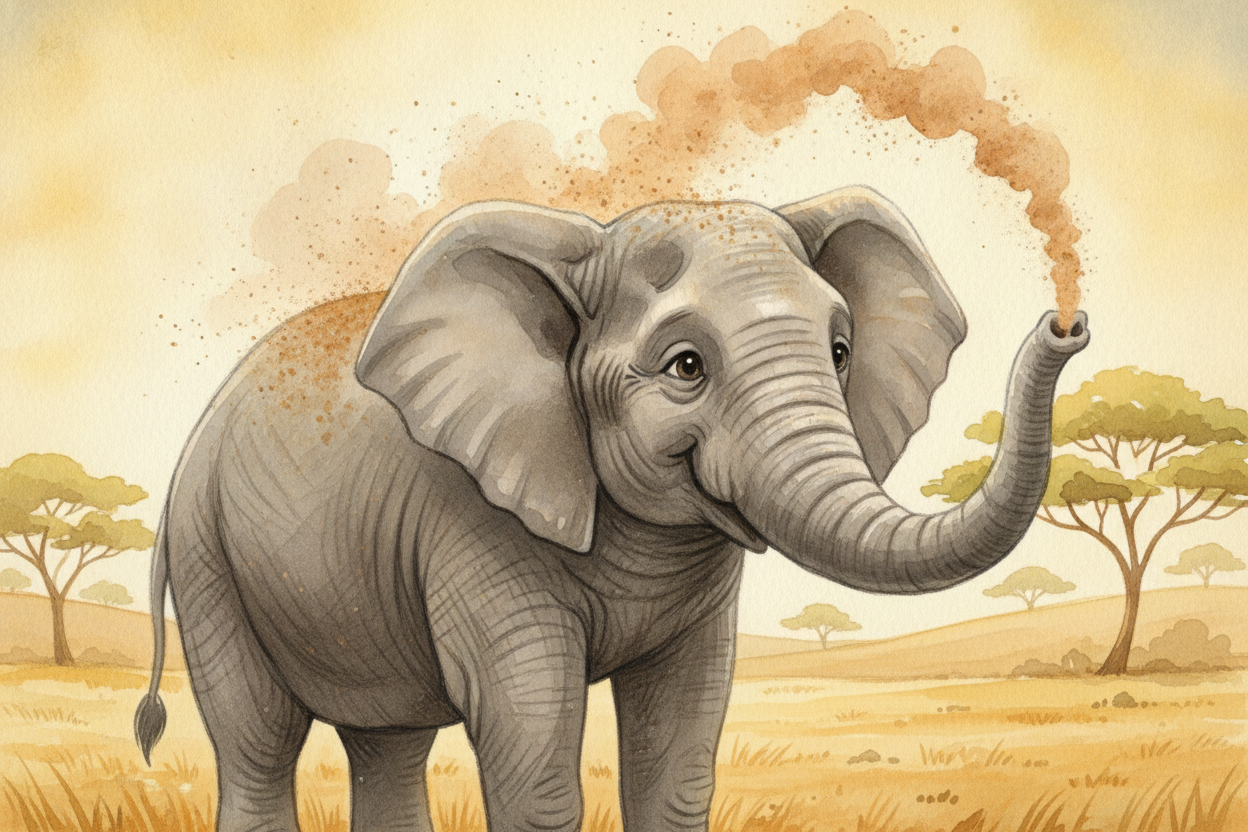 The trunk is a **built-in tool kit**, too. It sprays dust and mud over the skin _like sunscreen_ against the *hot sun an