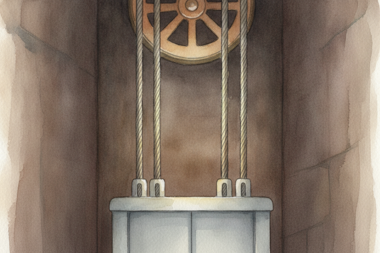 ~~Here's the first surprise:~~ the elevator isn't really being shoved upward from below. It's being **pulled**. Strong s