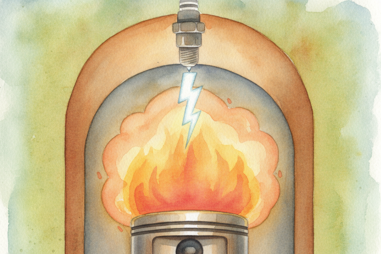 That reason is a spark. A tiny part called the ++spark plug++ snaps a little zap of electricity — like a **miniature lig