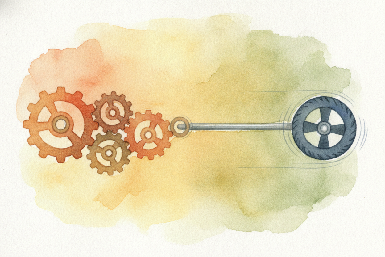 Now that spinning power has to travel to the wheels. It passes through a chain of spinning parts — the gearbox, then a l