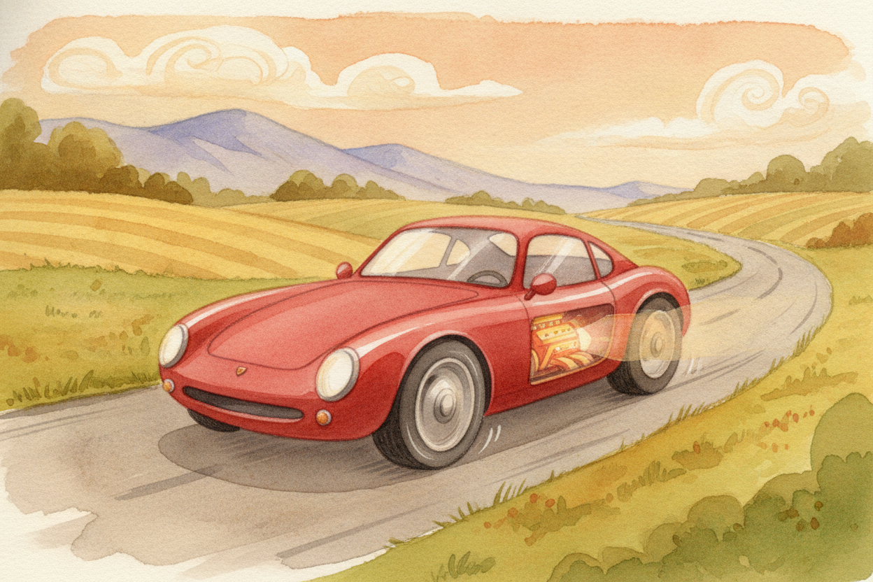 ~~And finally~~ — at the very end of the relay — the wheels turn, the tires grip the road, and the whole heavy car rolls
