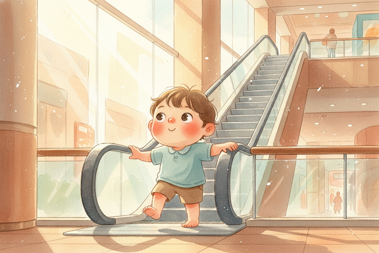 You step onto a metal staircase, and it carries you upward like magic — no climbing, no effort, just a smooth ride to th