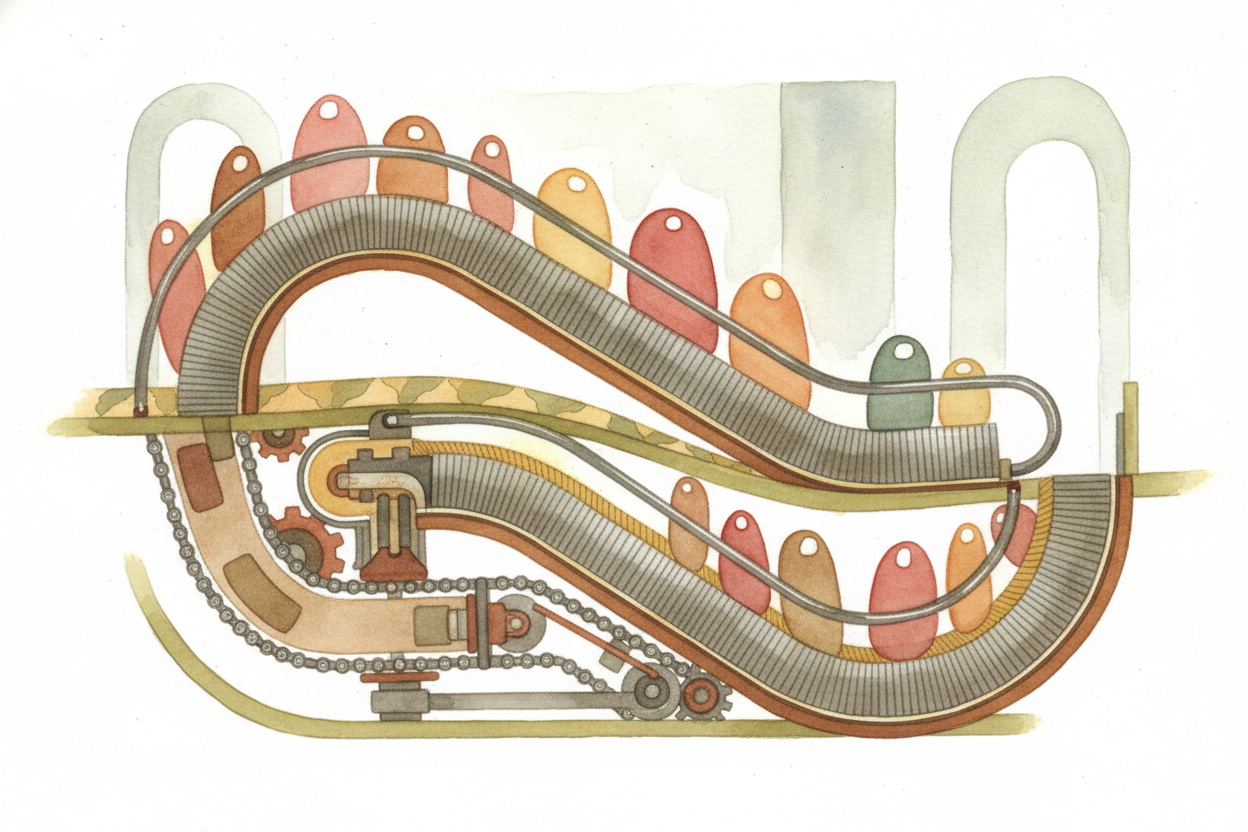An escalator is really a loop — **like a bicycle chain, but giant**. The steps you see going up are *only half the story