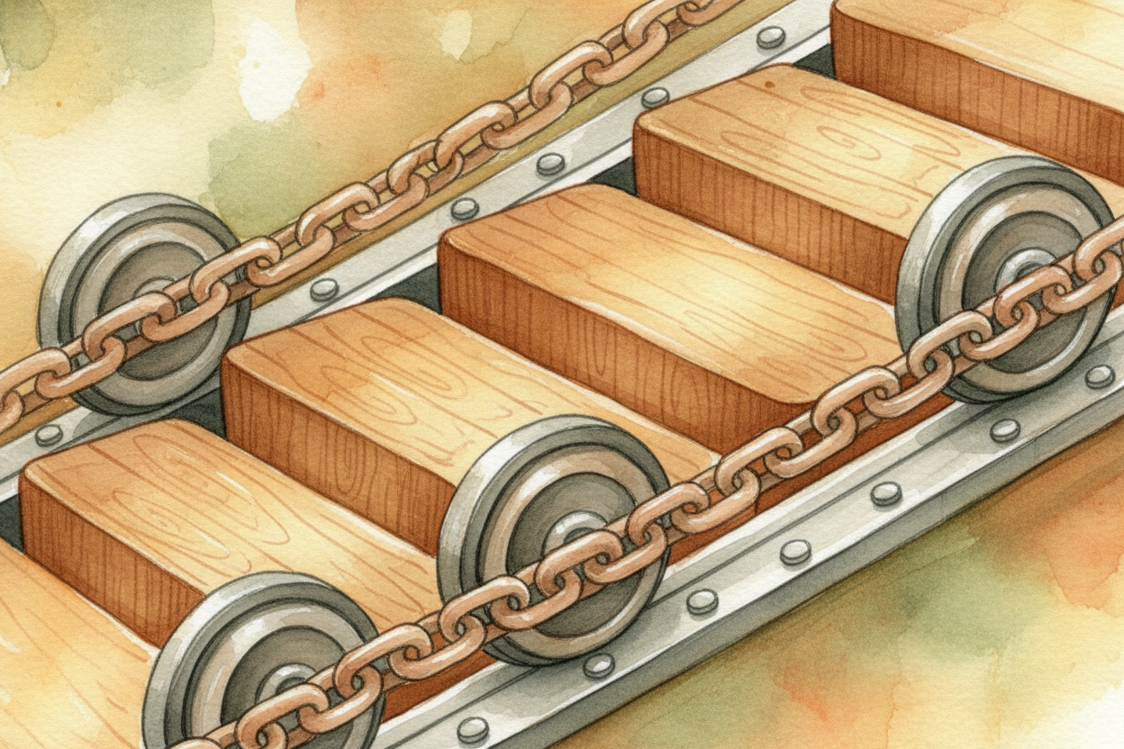 Each step is **bolted to a sturdy metal chain** on both sides. The *chain rides on tracks* — grooved wheels pull it alon