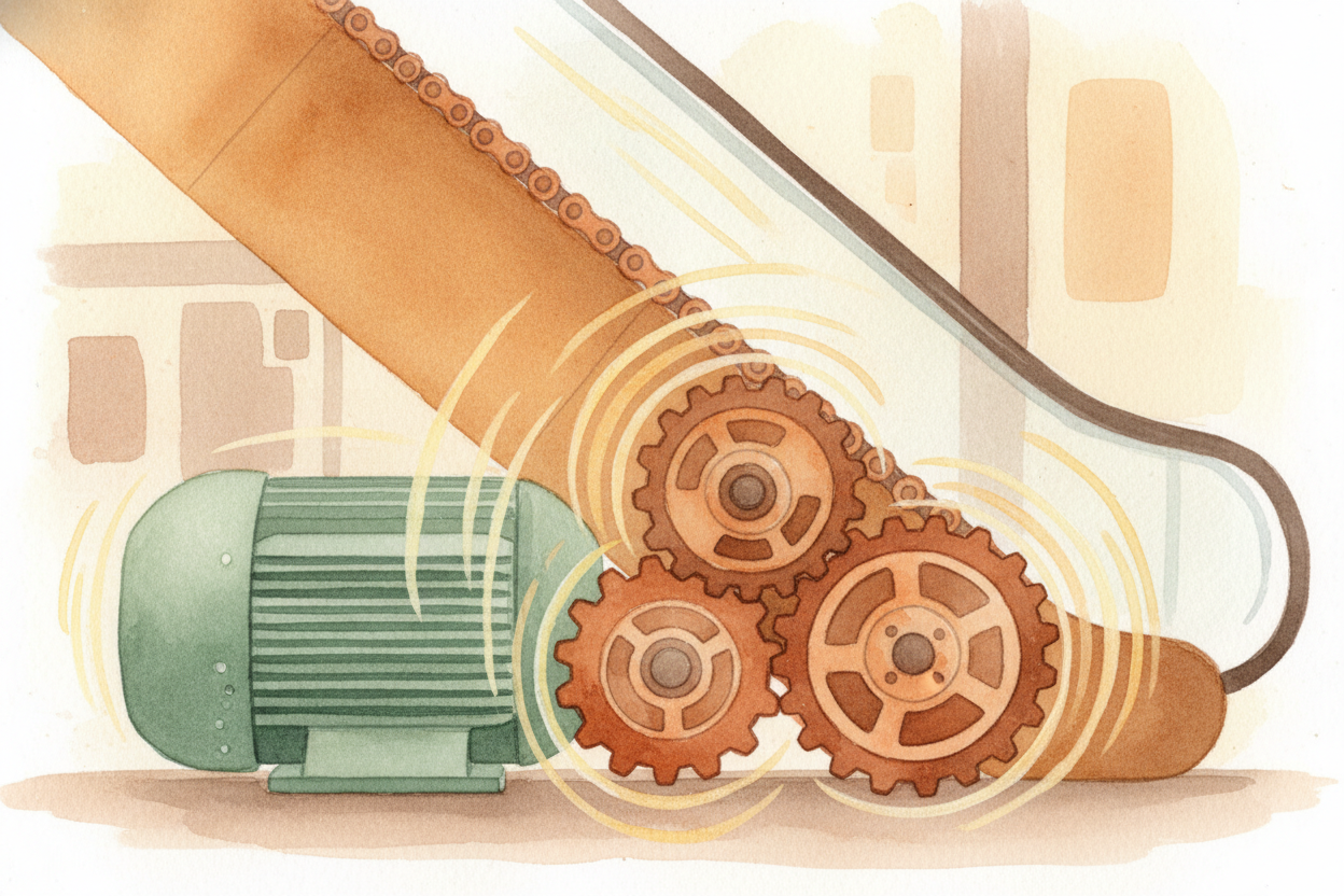 At the top and bottom, **big electric motors** spin those wheels. The motor doesn't push each step individually — it jus