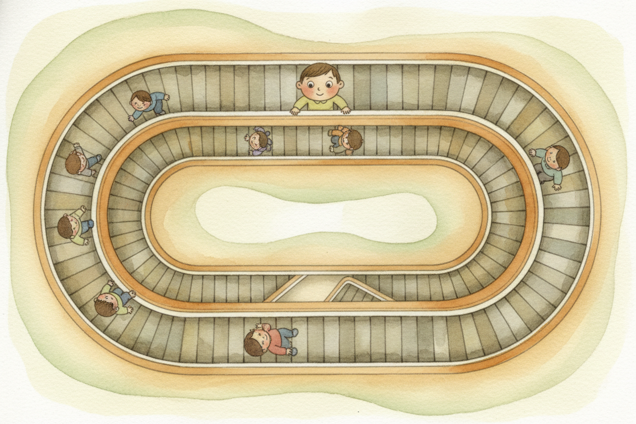 So the next time you ride one, ~~remember:~~ you're standing on **a link in a giant chain**, pulled by a patient motor, 