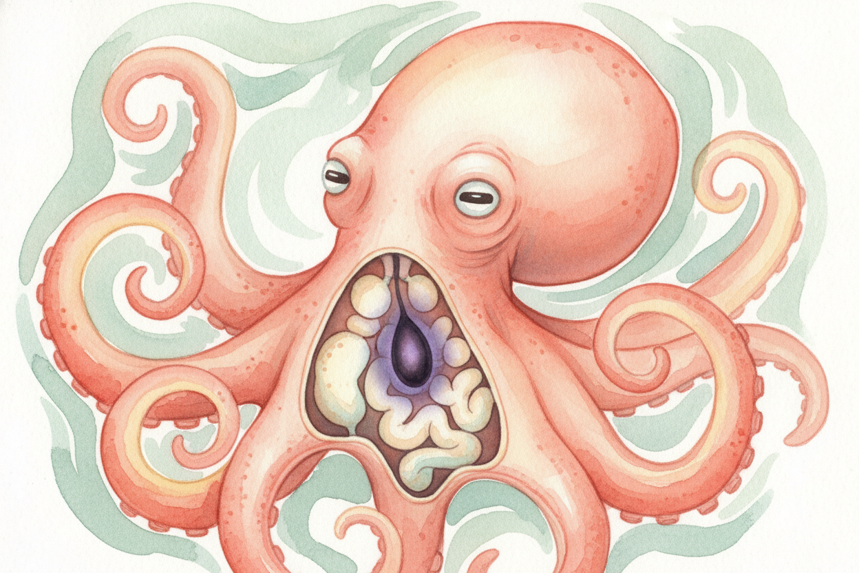 That paint lives in a special pouch called the ++ink sac++, _tucked deep inside the octopus's body_. Right next to it si