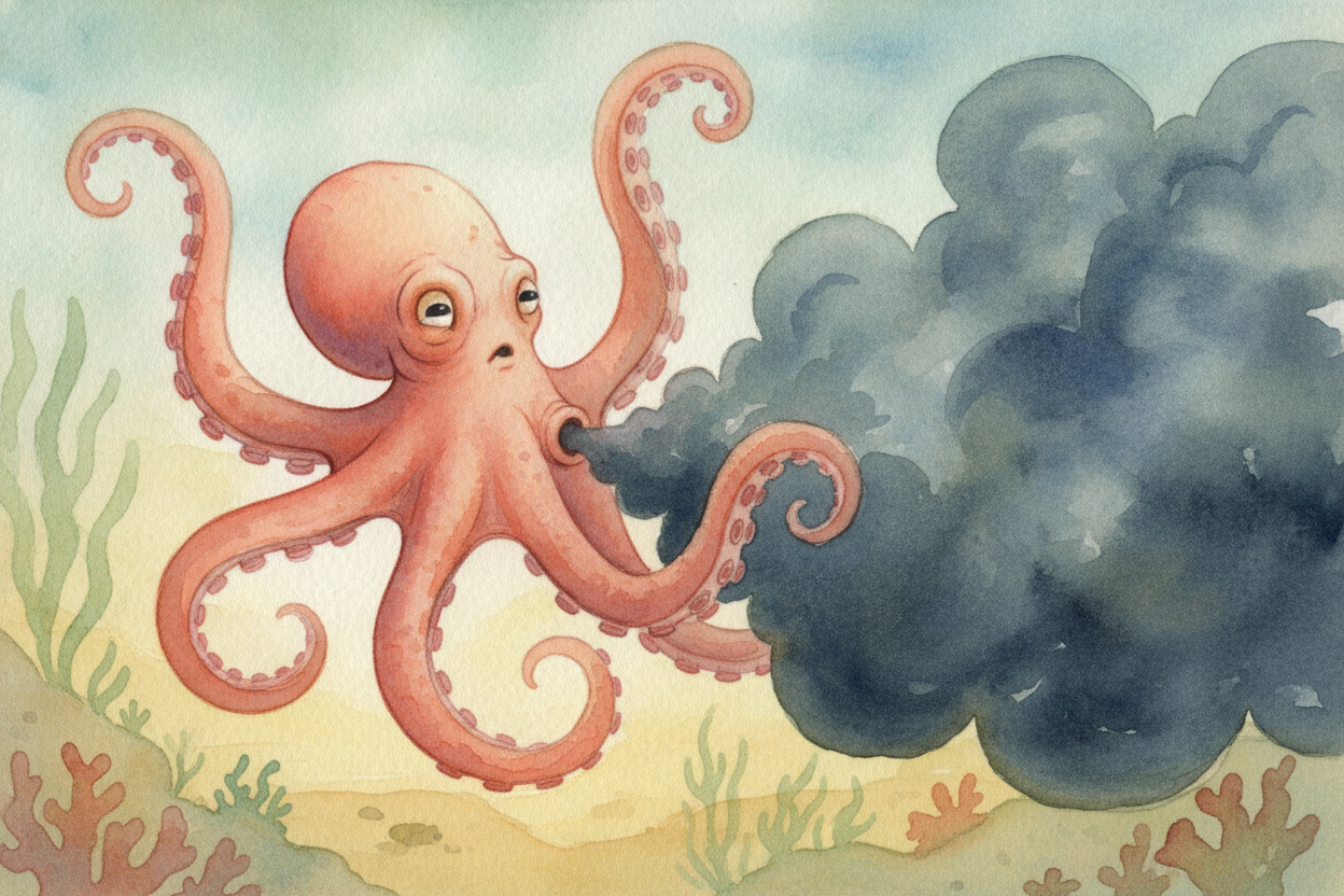 ~~Here's the clever part.~~ When danger appears, the octopus routes ink from its sac straight to that same siphon. It sq