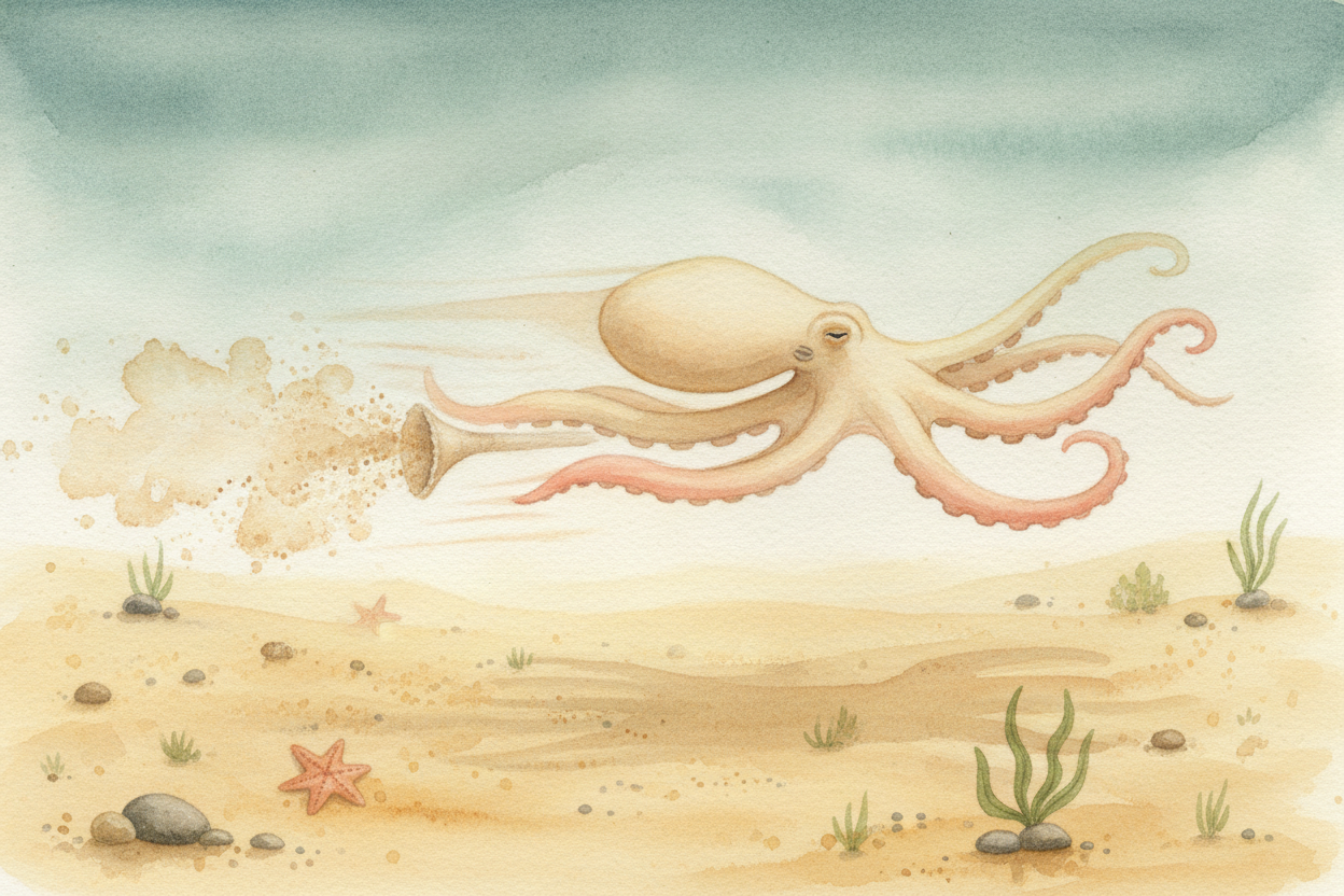 ~~And then?~~ **Jet-propulsion again**. With the predator *dazzled and sniff-blind*, the octopus blasts water through th