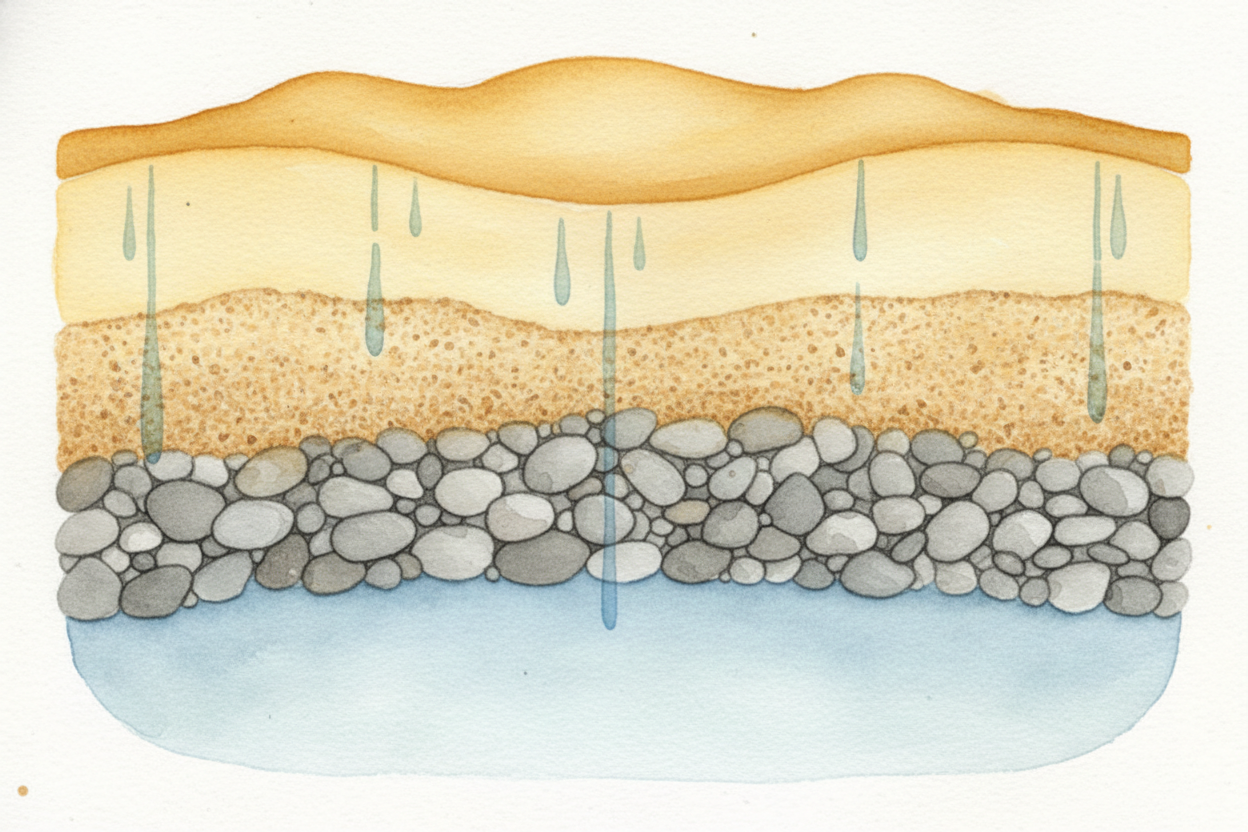 ~~Next came the filter beds~~ — **layers of sand and gravel stacked like a cake**. Water trickles down through them, and