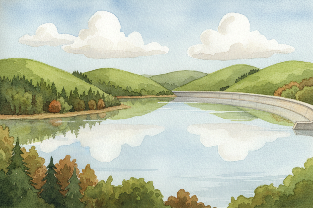 Before the treatment plant, your drop lived in a reservoir — a **human-made lake behind a dam**, or a natural lake ringe