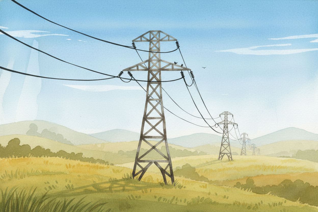 Now the electricity ~~races~~ onto transmission lines—those **huge metal towers** you see marching across fields and hil