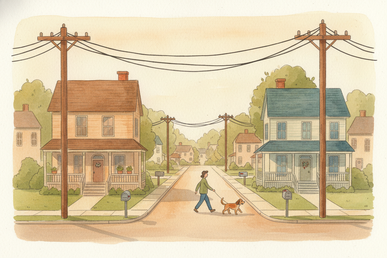 From the substation, the electricity **splits into many smaller paths**. It flows through local power lines—the ones on 