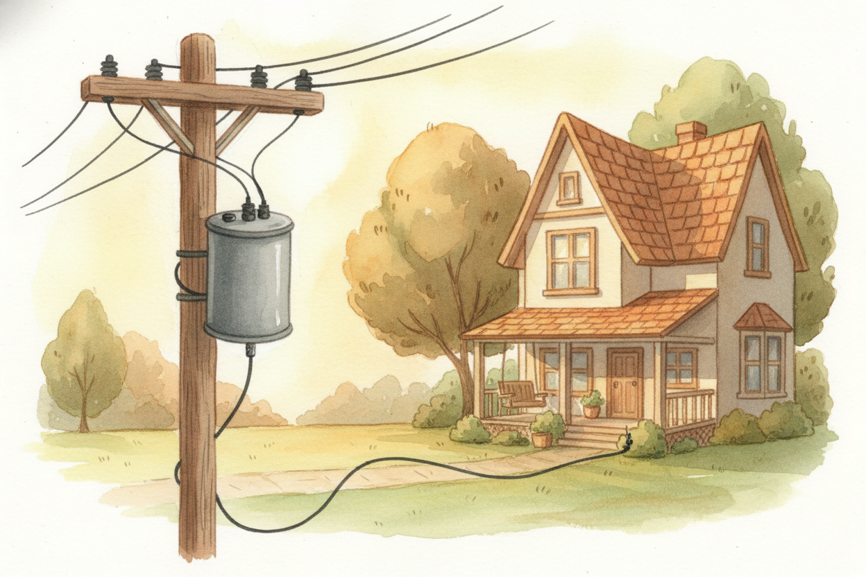 Right before it enters your house, the electricity passes through one more small ++transformer++, usually a **gray cylin