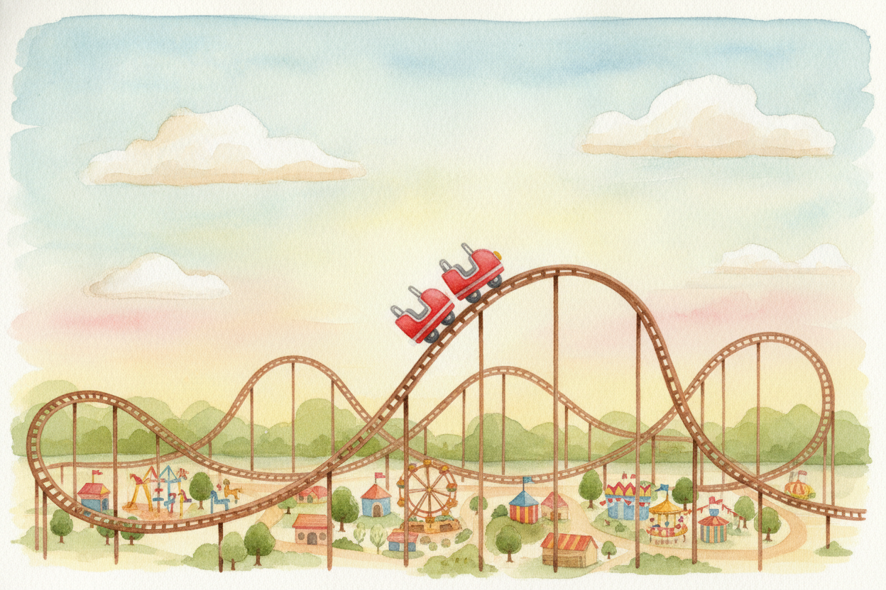 This stored-up energy has a name: ++potential energy++. It's the energy of being high up. The higher and heavier the car