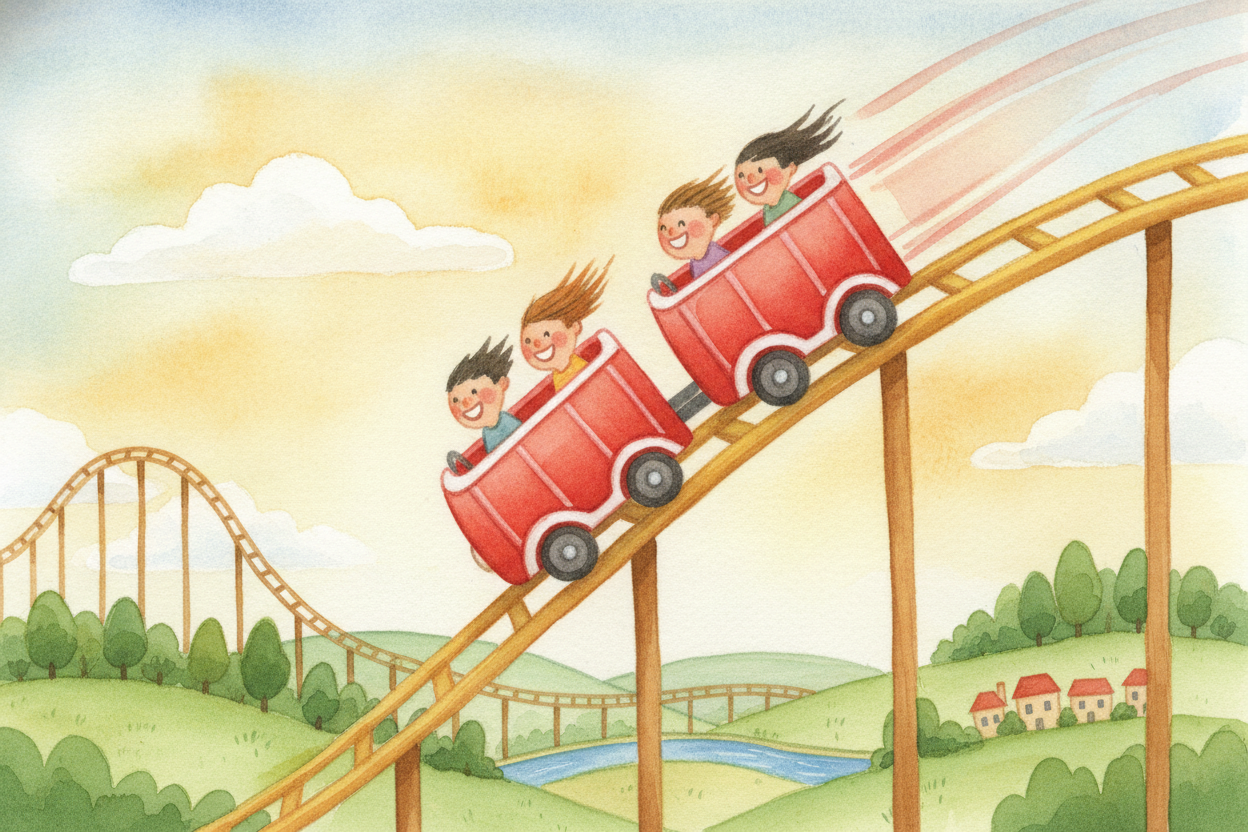 ~~Then — the drop.~~ Down the hill the car plunges, and **here's the magic moment:** the stored "high-up" energy turns i