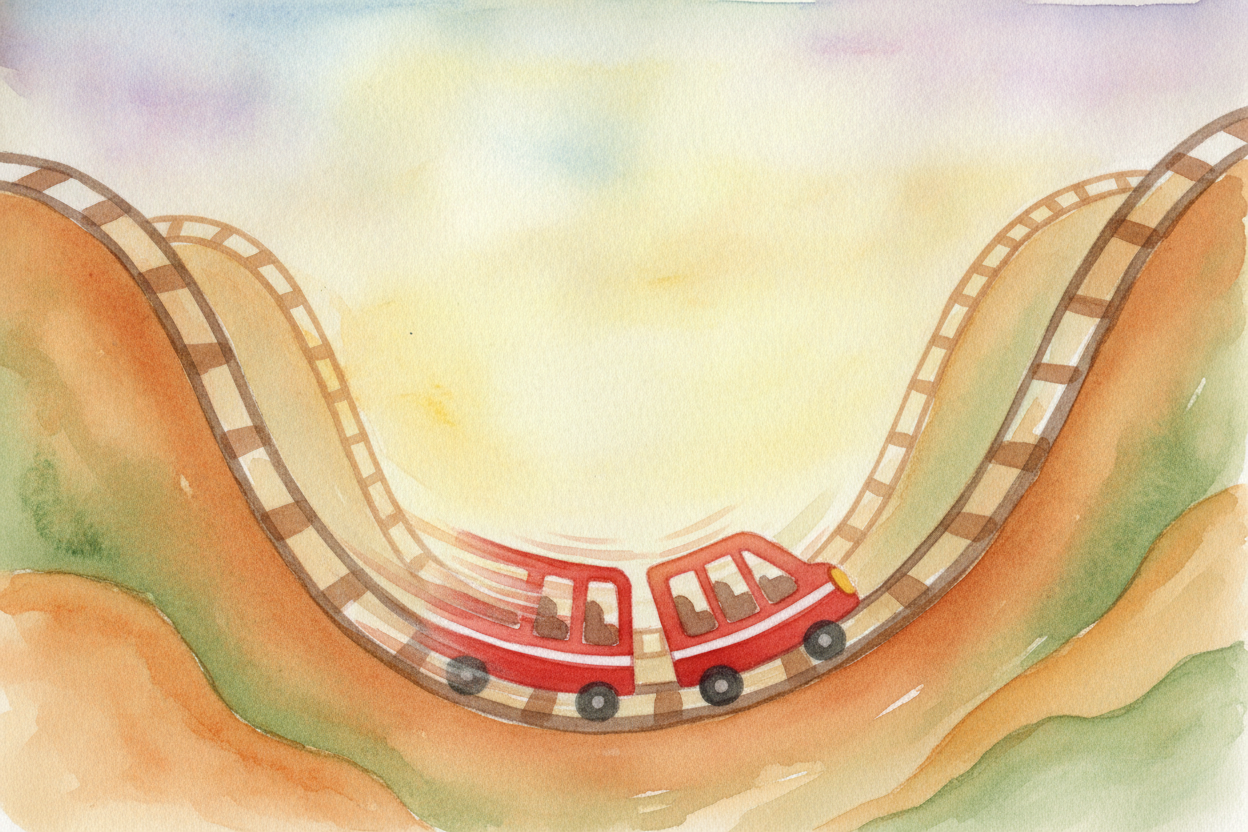 The car is fastest right at the bottom, where there's almost no hill left to store energy as height. It's spent all its 