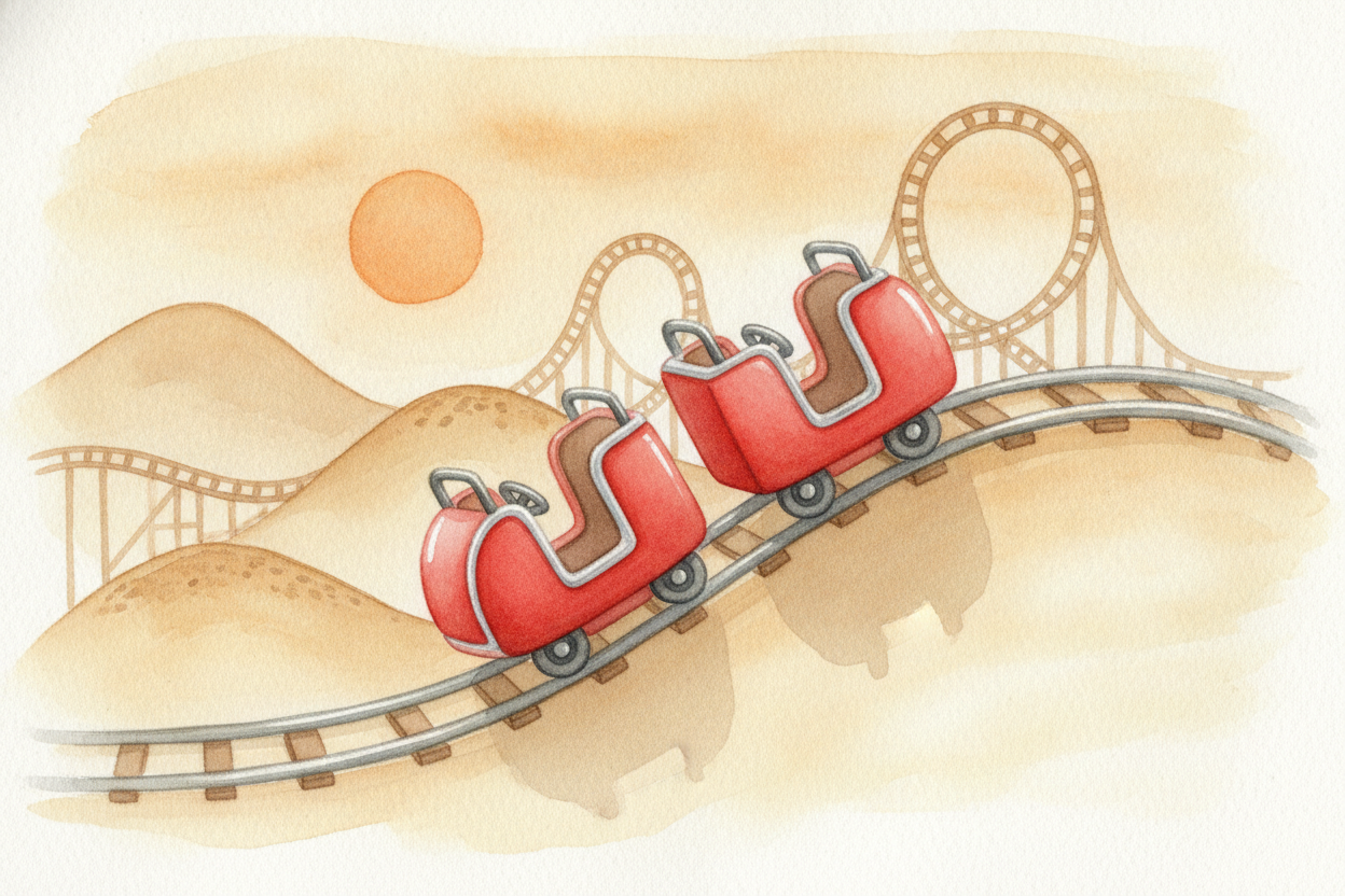 ~~Now watch the next hill.~~ The speedy car rushes up it — and **slows as it climbs**. The kinetic energy is changing ba