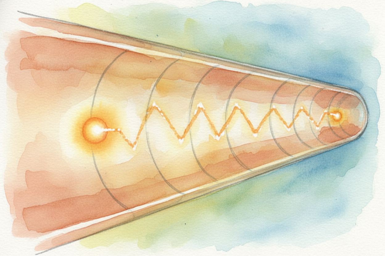 The bouncing trick is called ++total internal reflection++, which sounds fancy but just means the light hits the glass w