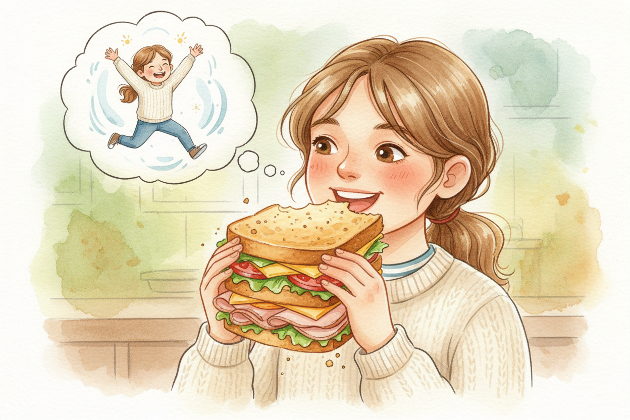 You bite into a sandwich — bread, cheese, maybe some turkey — and half an hour later you're running around, thinking, la