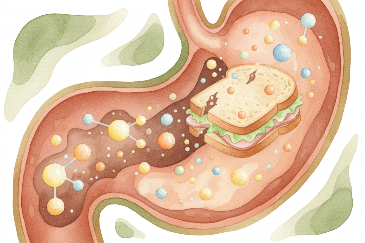 It starts in your stomach and intestines, where food gets broken into smaller pieces. A sandwich becomes ++glucose++ (a 