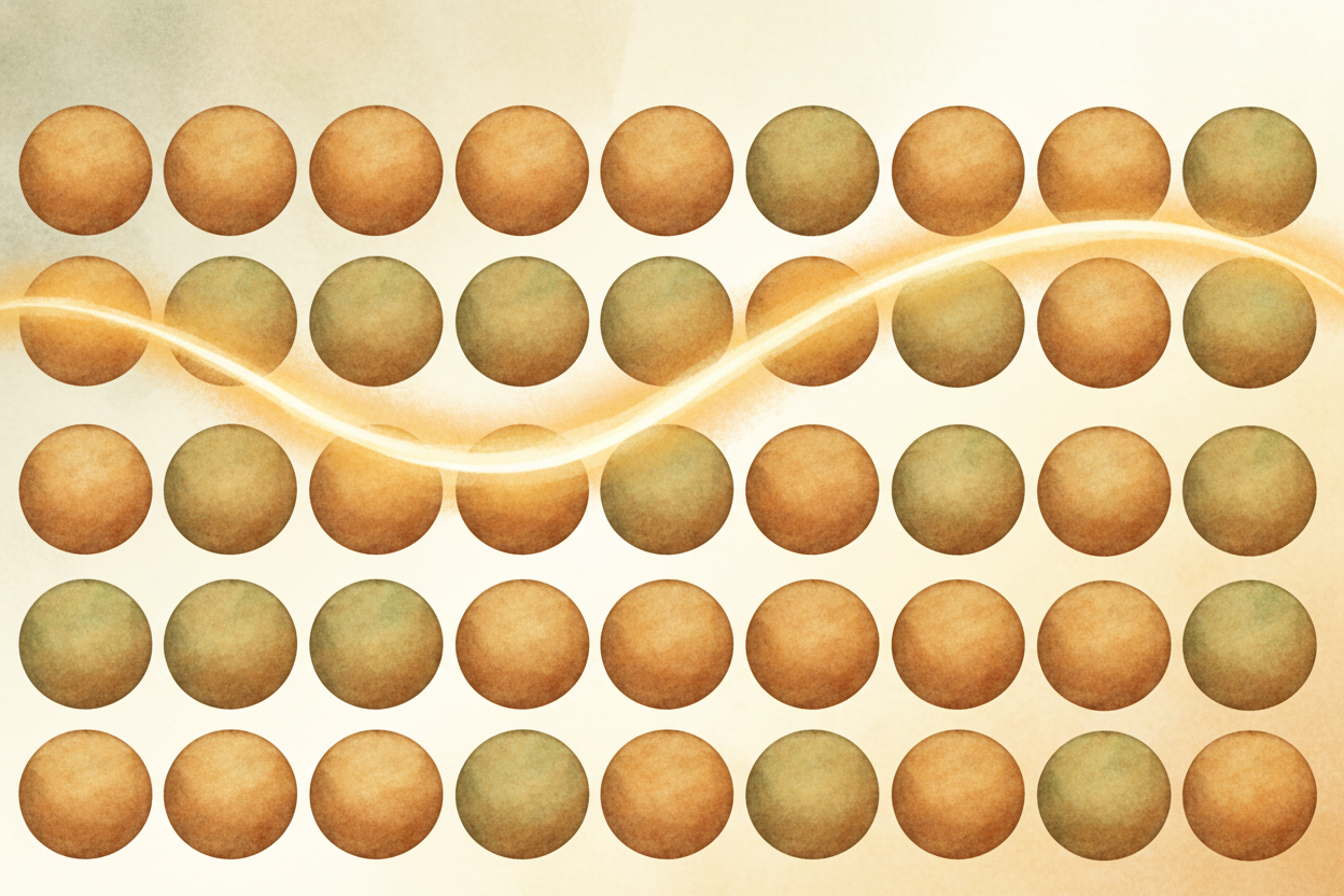 Glass is different. Its atoms stand in neat, orderly rows with space between them — **like a marching band in perfect fo