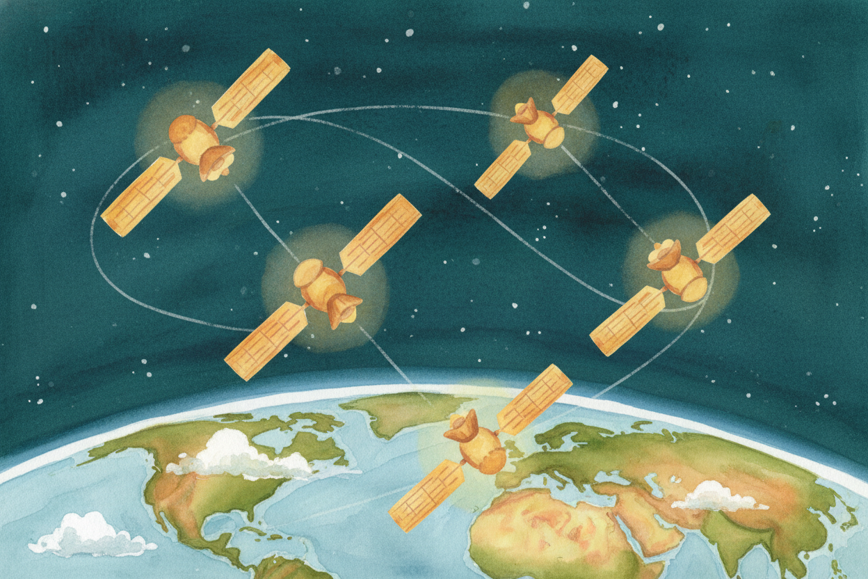 ++GPS++가 너를 찾으려면 **적어도 네 개의 위성이** 필요해요. 지금은 *약 서른 개의 위성이* 지구 주위를 돌고 있고, 각각 지구를 한 바퀴 도는 데 **열두 시간이 걸려요**. 그것들은 네가 어디에 서 있