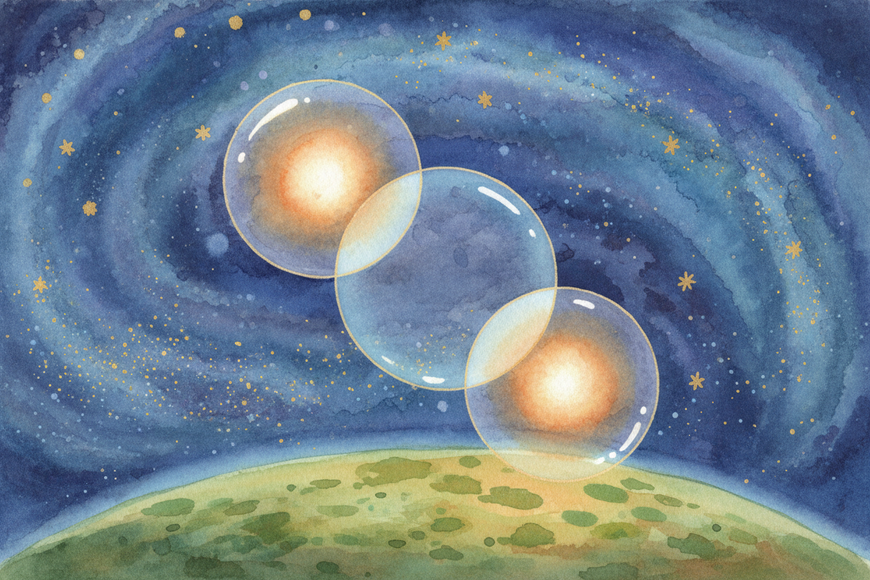 세 번째 위성이 세 번째 방울을 더해요. **세 개의 방울**이 ~~서로 만난다면?~~ 우주 공간의 **딱 두 지점뿐이에요.** 너는 그중 하나에 있어요. (다른 하나는 보통 우주 공간에 떠 있거나 땅속에 묻혀 있으